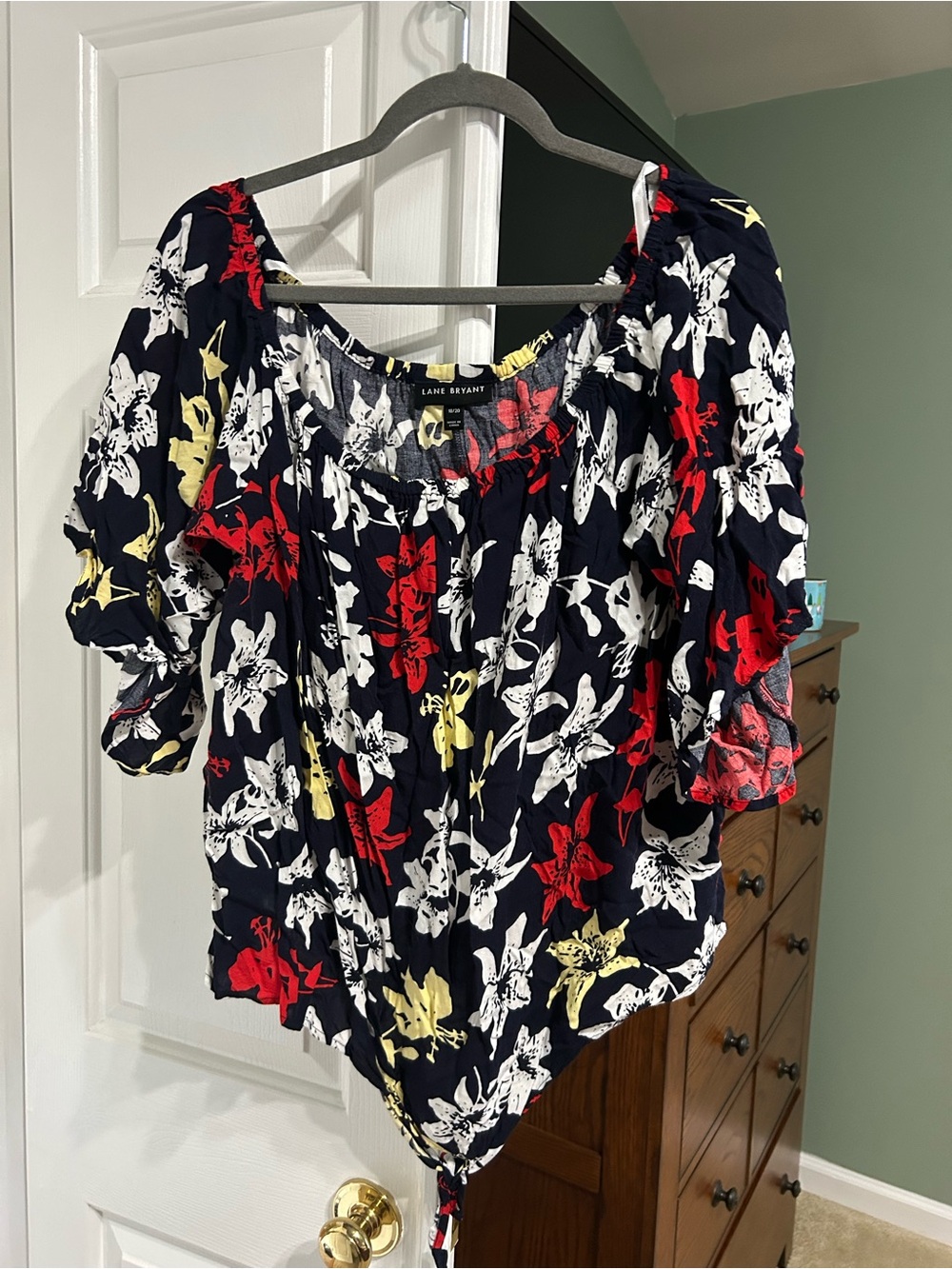Lane Bryant Navy Floral Tie-Hem Blouse - Red, White & Yellow Flowers